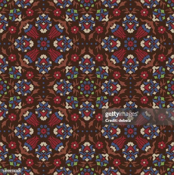 ethnic floral pattern with brown background. ornate damask fabric swatch. - damask rose stock illustrations