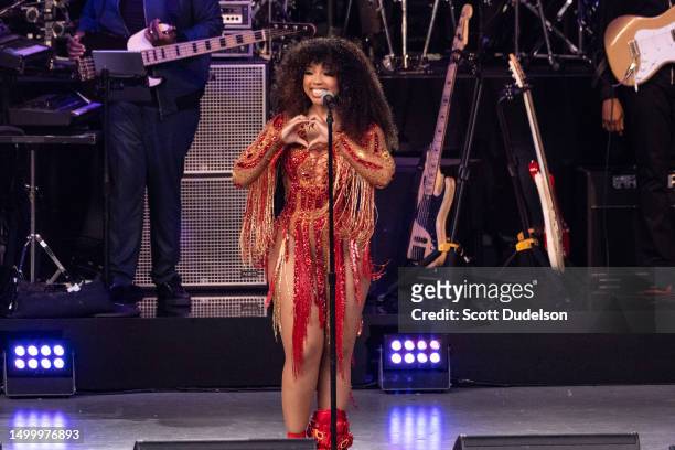 Musician Chloe Bailey pays tribute to Tina Turner onstage at Juneteenth: A Global Celebration For Freedom at The Greek Theatre on June 19, 2023 in...
