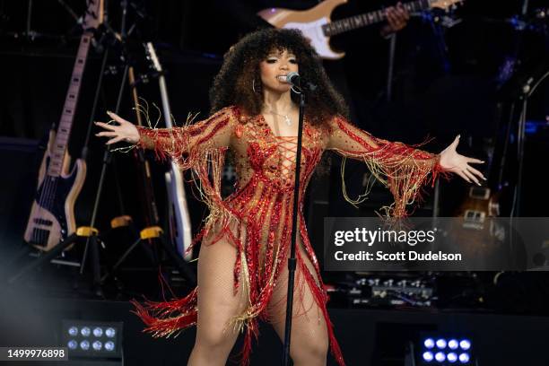 Musician Chloe Bailey pays tribute to Tina Turner onstage at Juneteenth: A Global Celebration For Freedom at The Greek Theatre on June 19, 2023 in...