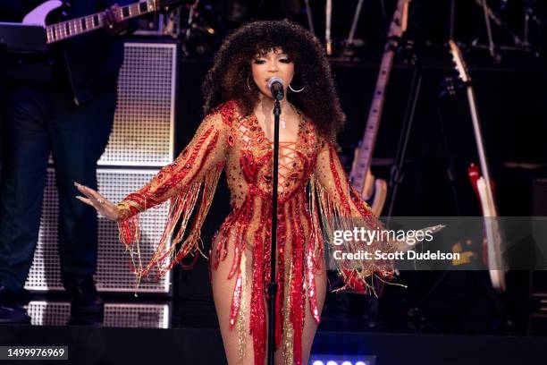 Musician Chloe Bailey pays tribute to Tina Turner onstage at Juneteenth: A Global Celebration For Freedom at The Greek Theatre on June 19, 2023 in...