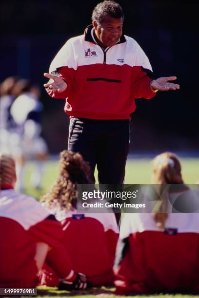Alvin Corneal from Trinidad and Tobago, Head Coach for the NCAA Division I North Carolina State Wolfpack Women's Soccer Team gives instructions to...