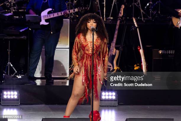 Musician Chloe Bailey pays tribute to Tina Turner onstage at Juneteenth: A Global Celebration For Freedom at The Greek Theatre on June 19, 2023 in...