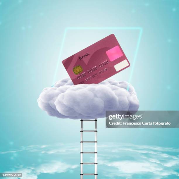 a cloud, ladder and contactless credit card - cloud save stock pictures, royalty-free photos & images