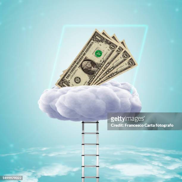 a cloud, ladder and a wad of 1 dollar bills - luxury background stock pictures, royalty-free photos & images