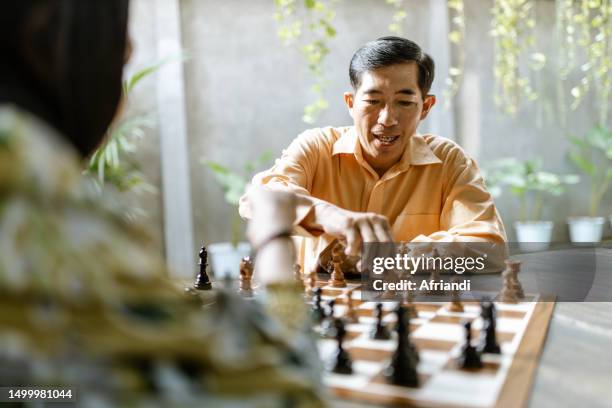 seniors friend playing chess - schach stock-fotos und bilder