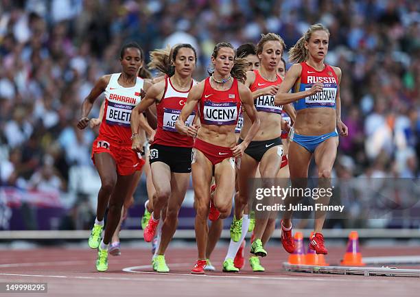 Morgan Uceny of the United States and Ekaterina Kostetskaya of Russia competes in the Women's 1500m Semifinals on Day 12 of the London 2012 Olympic...