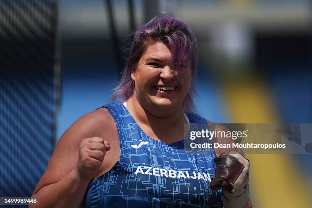 Hanna Skydan of Azerbaijan celebrates victory in the Women's Hammer Throw - Div. 3 during day one of the European Games 2023 at Silesian Stadium on...