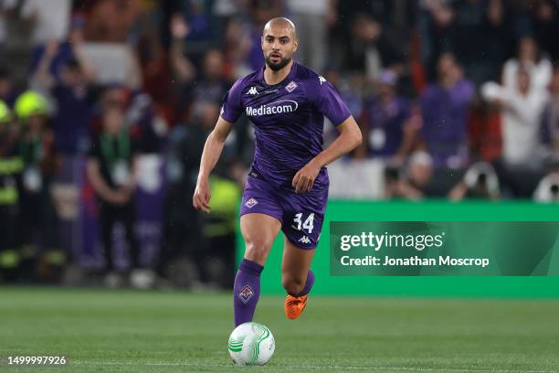 Sofyan Amrabat of ACF Fiorentina controls the ball during the UEFA Europa Conference League 2022/23 final match between ACF Fiorentina and West Ham...