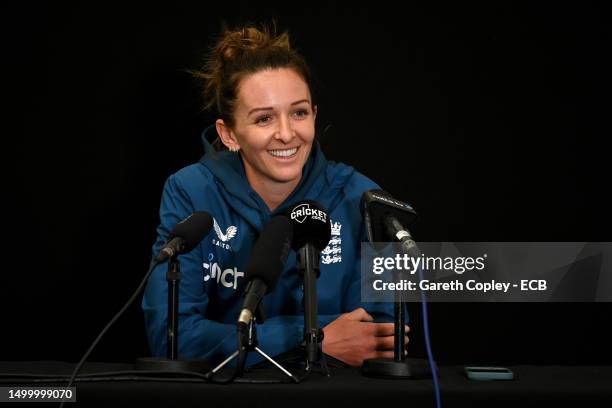 England bowler Kate Cross speaks to the media during a press conference at Trent Bridge on June 20, 2023 in Nottingham, England.