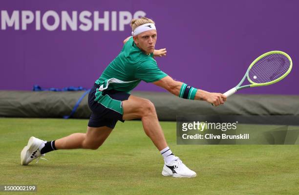 Alejandro Davidovich Fokina of Spain plays a backhand against Jiri Lehecka of Czech Republic during the Men's Singles First Round match on Day Two of...