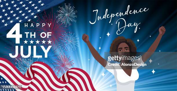 happy african american woman celebrating fourth of july. us national holiday. independence day. - national design awards stock illustrations