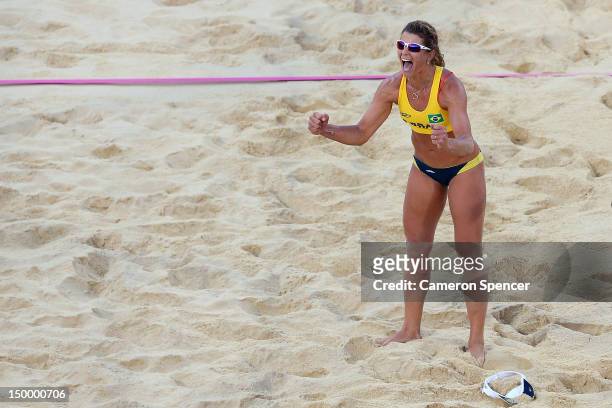 Larissa Franca of Brazil celebrates winning the Bronze medal in the Women's Beach Volleyball Bronze medal match against China on Day 12 of the London...