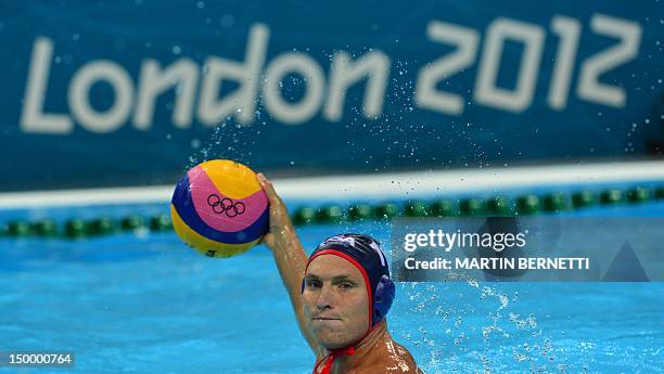 Player Jesse Smith competes against Croatia during the men’s Water Polo Quarterfinal Round match at the London 2012 Olympic Games at the Water Polo...