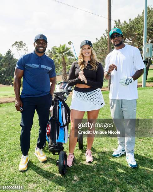 Reggie Bush, Jenna Bandy and Dashon Goldson attend Change The Game Topgolf Shootout Presented by Travis Mathew on June 19, 2023 in El Segundo,...