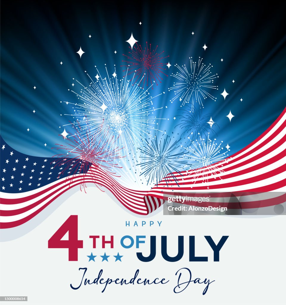 American flag. Happy Independence Day. Colorful fireworks. Fourth of July.