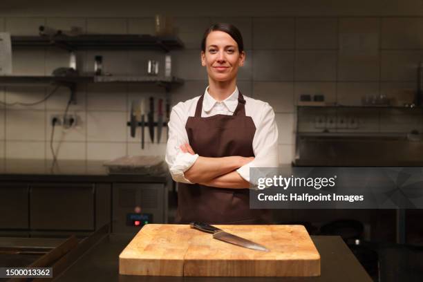 portrait of young woman in reastaurant kitchen. - kitchen knife stock pictures, royalty-free photos & images
