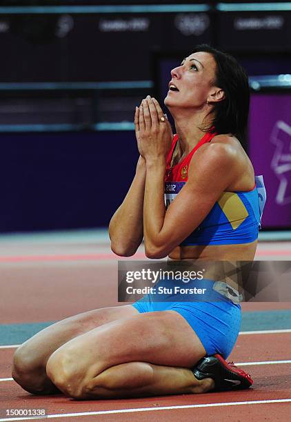 Natalya Antyukh of Russia celebrates winning gold in the Women's 400m Hurdles Final on Day 12 of the London 2012 Olympic Games at Olympic Stadium on...