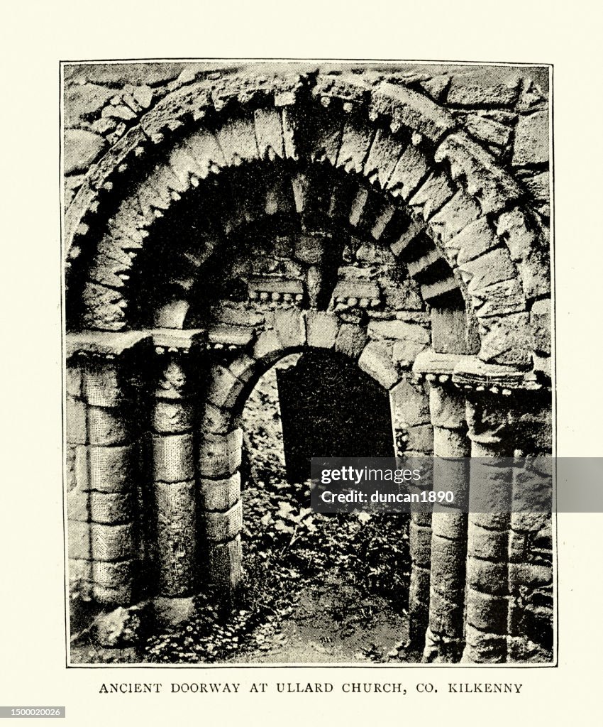 Ancient Romanesque doorway at Ullard Church a medieval church in County Kilkenny, Ireland