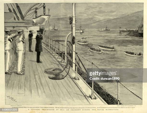 funeral procession at sea for a royal navy sailor from hms theseus, 1890s, 19th century - coffin illustration stock illustrations