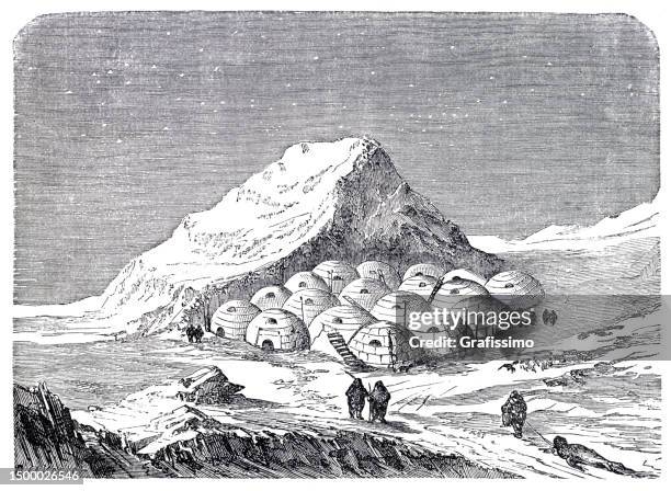 inuit village with igloo in arctic 1897 - igloo village stock illustrations