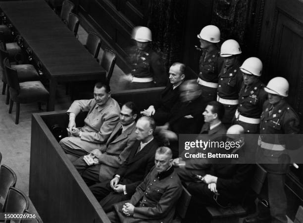 Nazi officials in court during their trial at the International War Crimes Tribunal in Nuremberg, November 27th 1945. Front row : Hermann Goering,...