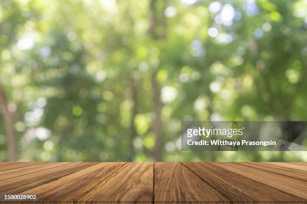 wood table in park - wood desk ストックフォトと画像