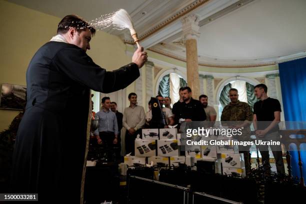 Priest consecrate drones and quadcopters during “Birds for Victory” charity campaign on June 19, 2023 in Lviv, Ukraine. 202 quadcopters and FPV...