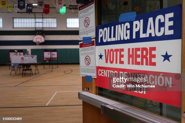 Polling station in Arlington County is shown at Nottingham Elementary School June 20, 2023 in Arlington, Virginia. Virginia voters head to the polls...