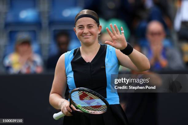 Jelena Ostapenko of Latvia celebrates winning match point against Linda Noskova of Czech Republic in the Women's First Round match during Day Four of...