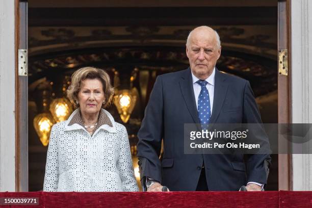 His Majesty King Harald of Norway and Her Majesty Queen Sonja of Norway attend a Military Tattoo at the Royal Castle on June 20, 2023 in Oslo, Norway.
