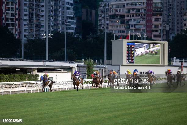 Jockeys compete in the Race 1 Chester Handicap at Happy Valley Racecourse on May 3, 2023 in Hong Kong.