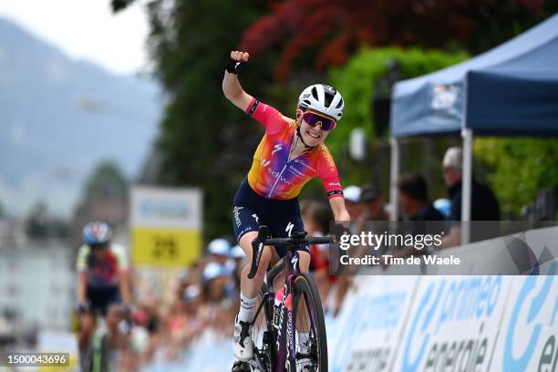 Niamh Fisher-Black of New Zealand and Team SD Worx celebrates at finish line as stage winner during the 3rd Tour de Suisse Women 2023, Stage 4 a...