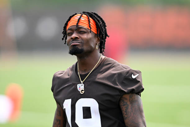 Marquise Goodwin of the Cleveland Browns walks off the field after the Cleveland Browns mandatory veteran minicamp at CrossCountry Mortgage Campus on...