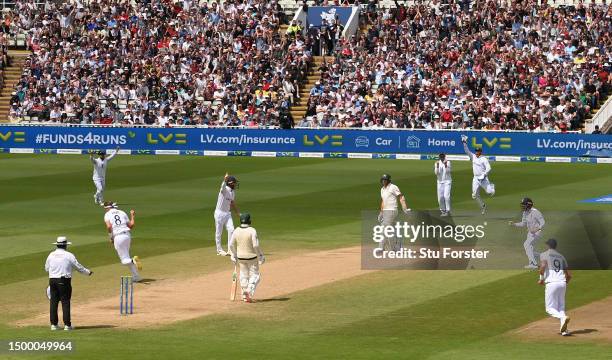 England bowler Stuart Broad takes the wicket of Scott Boland, caught behind by Jonny Bairstow during day five of the LV= Insurance Ashes 1st Test...