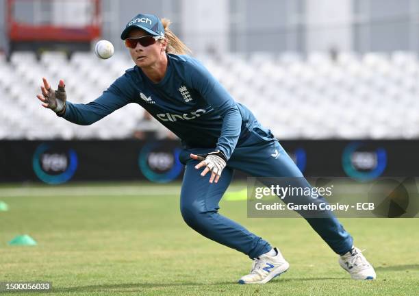 Danni Wyatt of England catches during a nets session at Trent Bridge on June 20, 2023 in Nottingham, England.