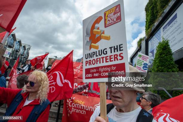 Members and supporters of the UNITE trade union protest outside the Utilities Conference to demand the nationalisation of energy companies on June...