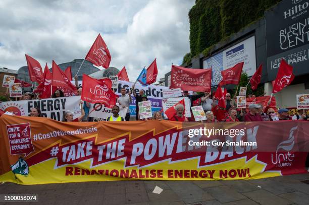 Members and supporters of the UNITE trade union protest outside the Utilities Conference to demand the nationalisation of energy companies on June...