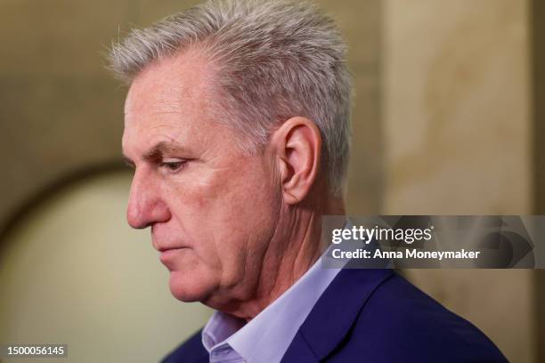 Speaker of the House Kevin McCarthy speaks to reporters outside of his office at the U.S. Capitol Building on June 20, 2023 in Washington, DC....