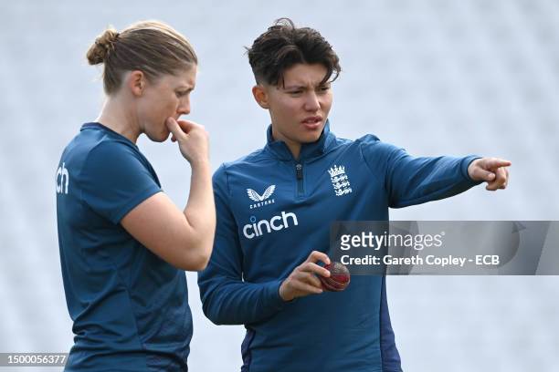 England captain Heather Knight with Issy Wong during a nets session at Trent Bridge on June 20, 2023 in Nottingham, England.