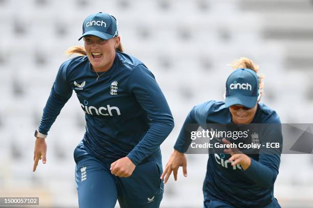 Sophie Ecclestone of England races against Danni Wyatt during a nets session at Trent Bridge on June 20, 2023 in Nottingham, England.