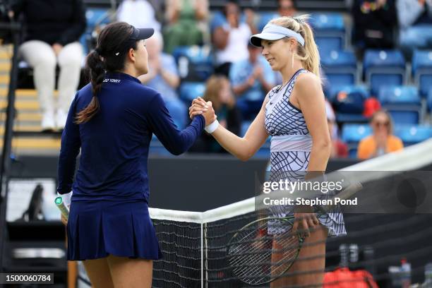 Lin Zhu of China celebrates winning match point against Katie Boulter of Great Britain in the Women's First Round match during Day Four of the...