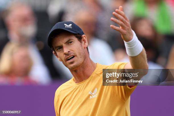 Andy Murray of Great Britain reacts against Alex De Minaur of Australia during the Men's Singles First Round match on Day Two of the cinch...