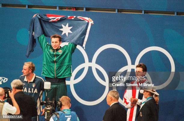 Ian Thorpe of Australia on the podium with his gold medal after winning the 400m Freestyle in a new world record during the Olympics at the Sydney...
