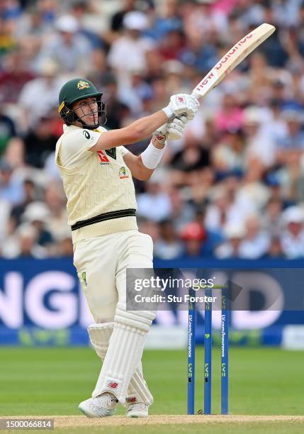 Pat Cummins of Australia hits out during Day Five of the LV= Insurance Ashes 1st Test match between England and Australia at Edgbaston on June 20,...