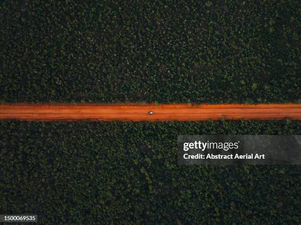 off-road vehicle driving through a tropical forest on an orange coloured dirt road photographed from a birds-eye perspective, western australia, australia - australian rainforest stock pictures, royalty-free photos & images