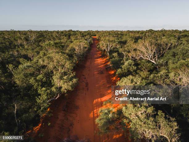 aerial photo showing an orange coloured dirt road crossing through a forest shot on a sunny afternoon, western australia, australia - tropical bush stockfoto's en -beelden