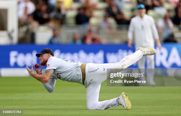 Ben Stokes of England drops a catching chance off the batting of Nathan Lyon of Australia during Day Five of the LV= Insurance Ashes 1st Test match...