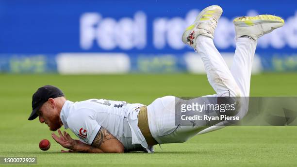 Ben Stokes of England drops a catching chance off the batting of Nathan Lyon of Australia during Day Five of the LV= Insurance Ashes 1st Test match...