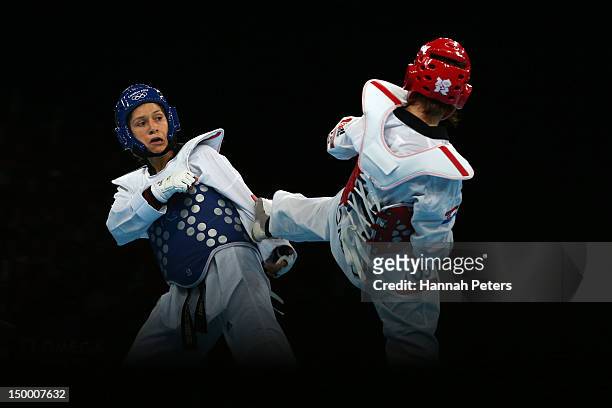 Lucija Zaninovic of Croatia competes against Jannet Alegria Pena of Mexico during the Women's -49kg Taekwondo bronze medal match on Day 12 of the...