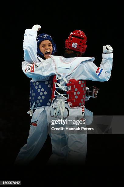 Lucija Zaninovic of Croatia competes against Jannet Alegria Pena of Mexico during the Women's -49kg Taekwondo bronze medal match on Day 12 of the...